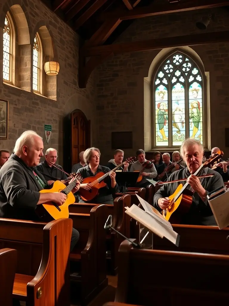 A photograph capturing a traditional Breton music performance held inside the Saint Gonéry Chapel during a cultural event, showcasing the chapel's role in community celebrations.