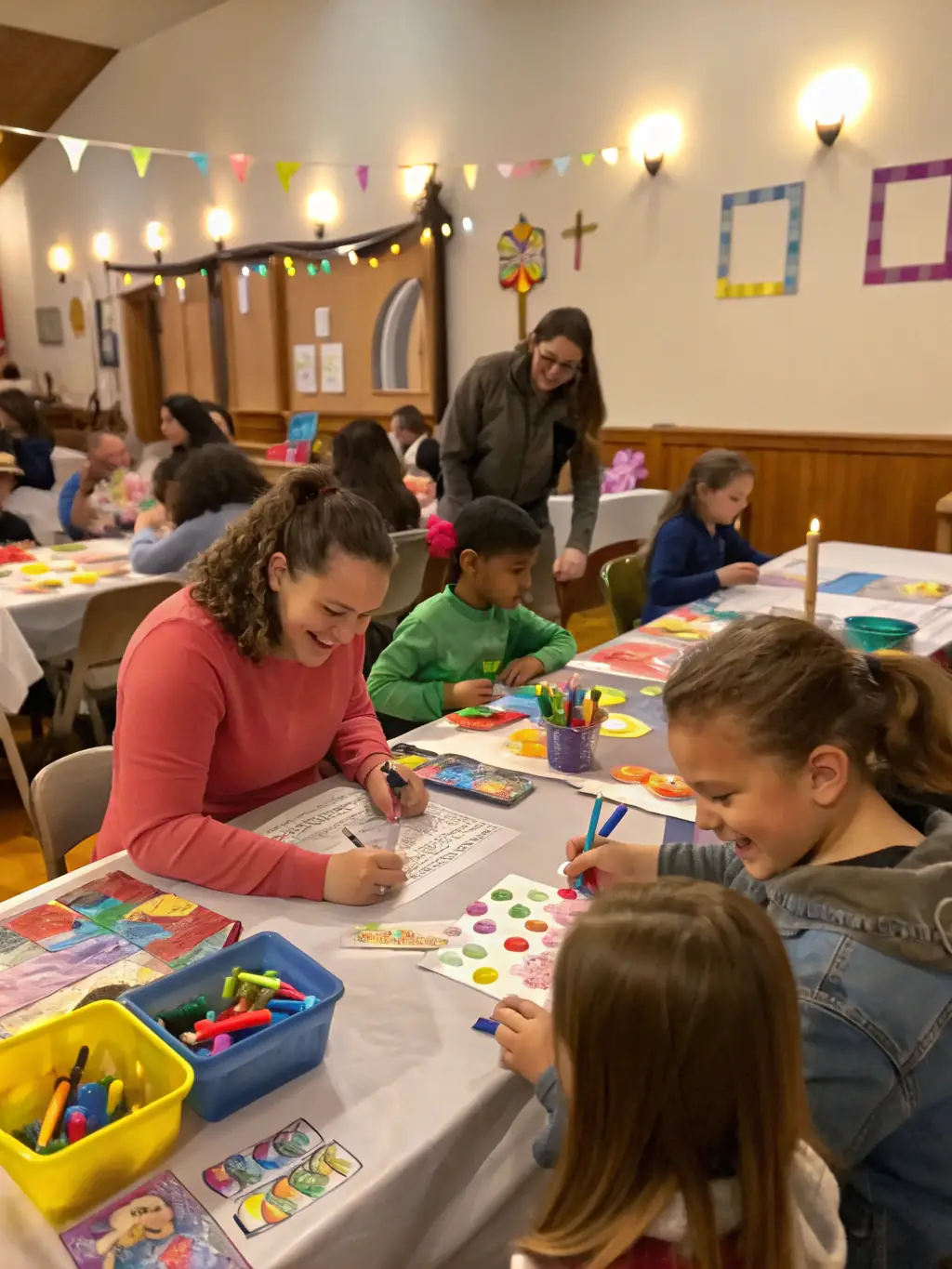A vibrant image of a group of children participating in an educational workshop about the history and art of the Saint Gonéry Chapel, held within the chapel grounds.