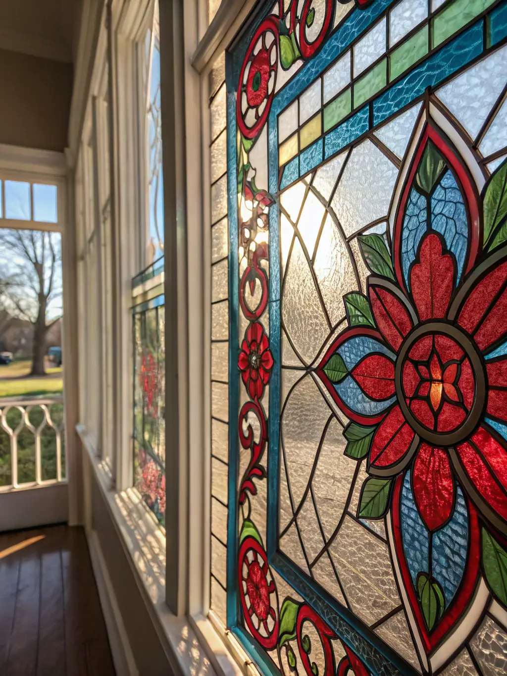 A detailed close-up photograph of the restored stained glass windows of the Saint Gonéry Chapel, highlighting the vibrant colors and intricate designs.
